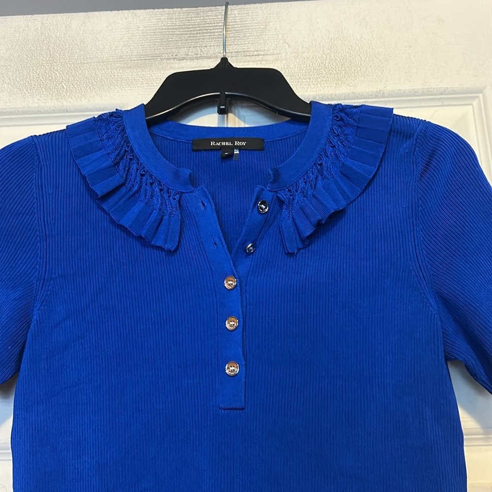 Rachel Roy Blue Ruffle Neck Top Size Small - Picture 2 of 7